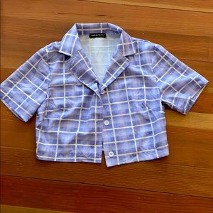 Notch Collar Plaid Crop Blouse